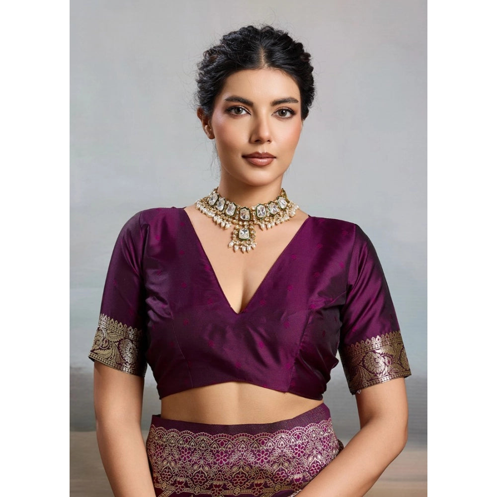 Generic Women's Silk Blend Printed Saree With Unstitched Blouse 5.5Mtr (Wine)