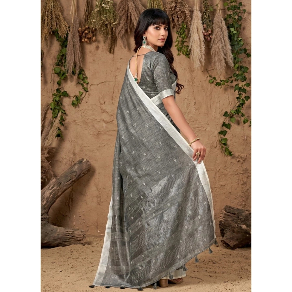 Generic Women's Linen Cotton Printed Saree With Unstitched Blouse 5.5Mtr (Gray)