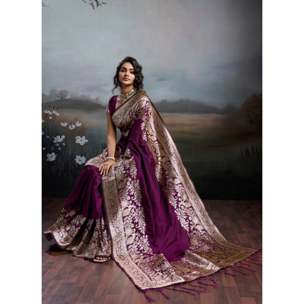 Generic Women's Silk Blend Printed Saree With Unstitched Blouse 5.5Mtr (Wine)