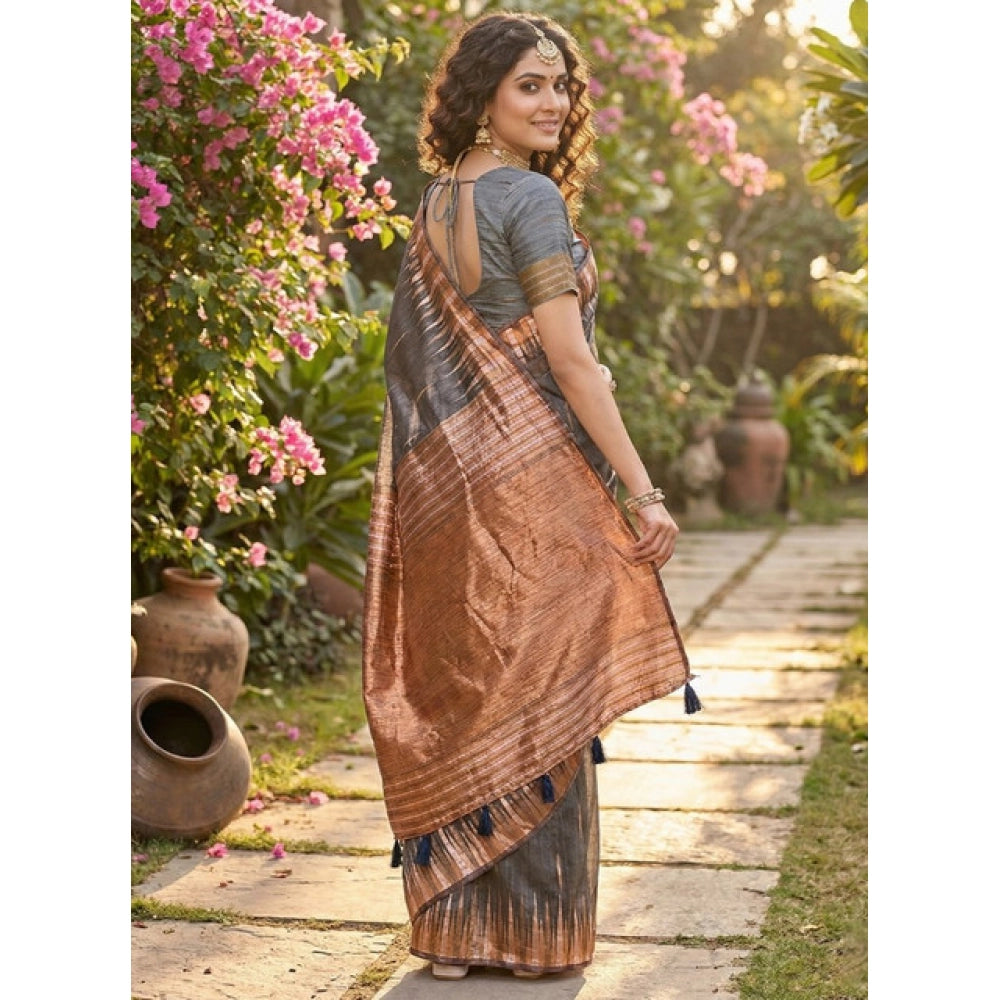 Generic Women's Linen Cotton Printed Saree With Unstitched Blouse 5.5Mtr (Grey)