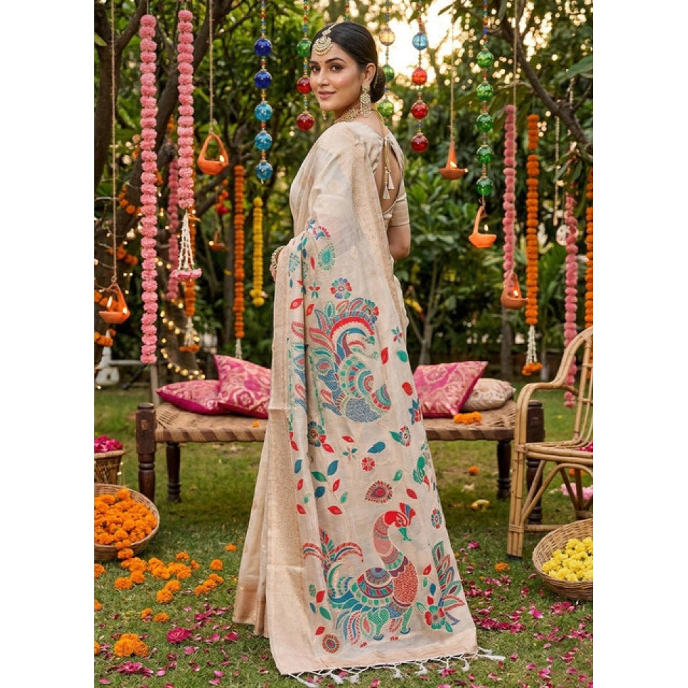 Generic Women's Linen Cotton Floral Embroidered Saree With Unstitched Blouse 5.5Mtr (Cream)